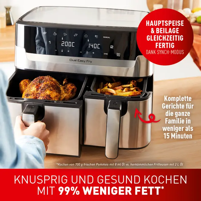 TEFAL EY905D Dual Easy Fry & Grill Heißluftfritteuse, 8.3 L, Edelstahl