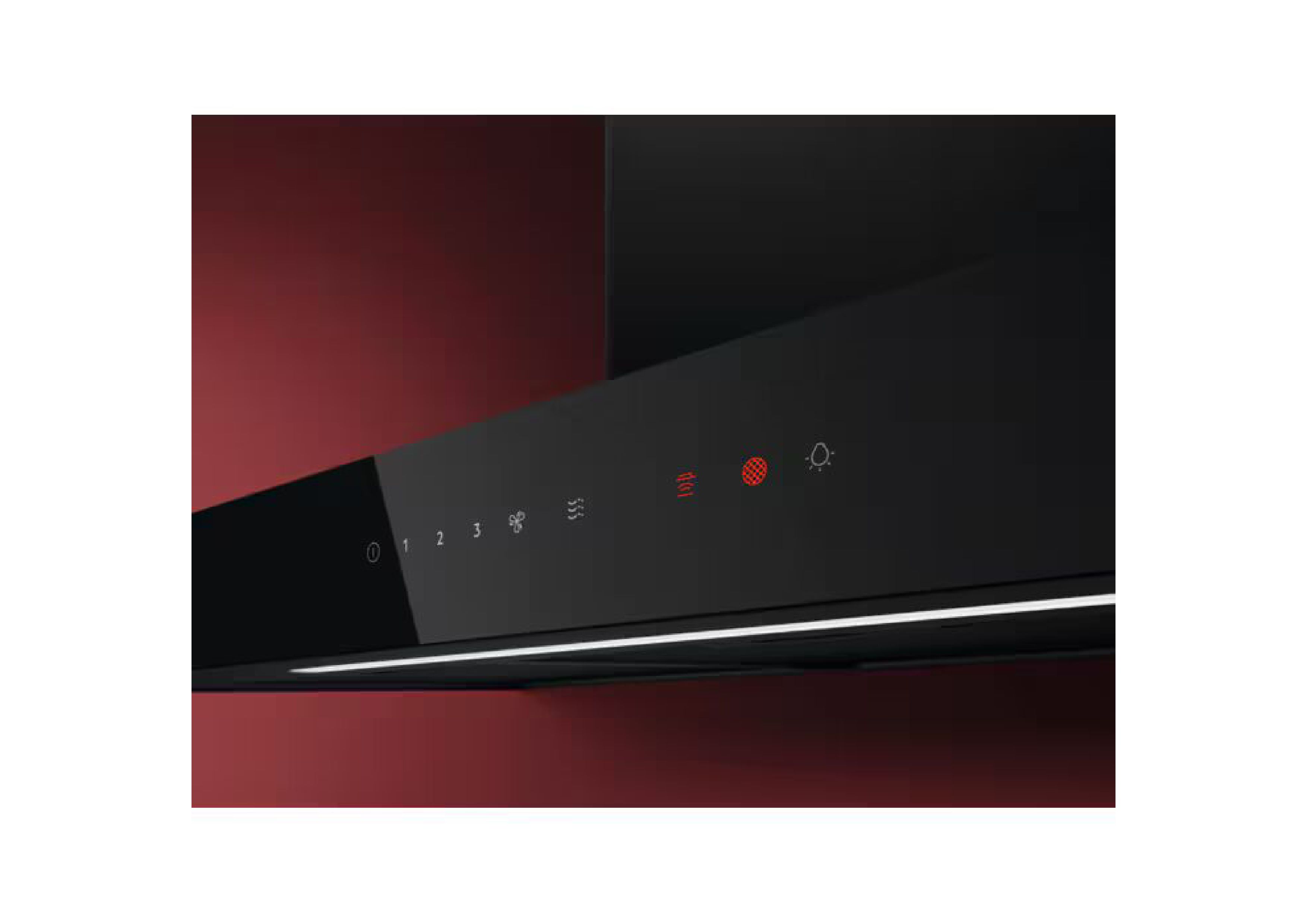 erspektivische Seitenansicht des Bedienfelds der schwarzen AEG Dunstabzugshaube mit beleuchteten roten Symbolen.