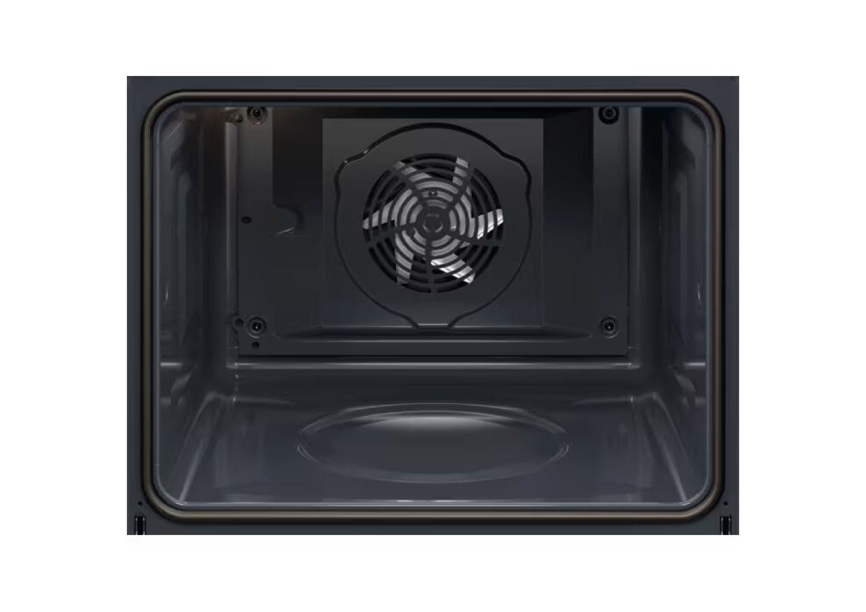 Interior view of the empty AEG oven with convection fan and enamel coating,