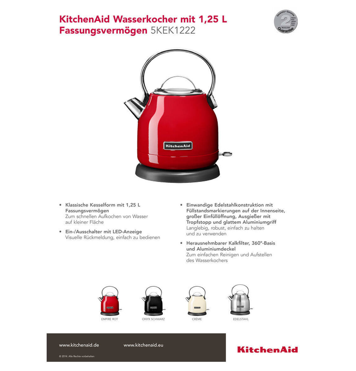 KitchenAid 1,25 L Wasserkocher 5KEK1222 -  empire rot