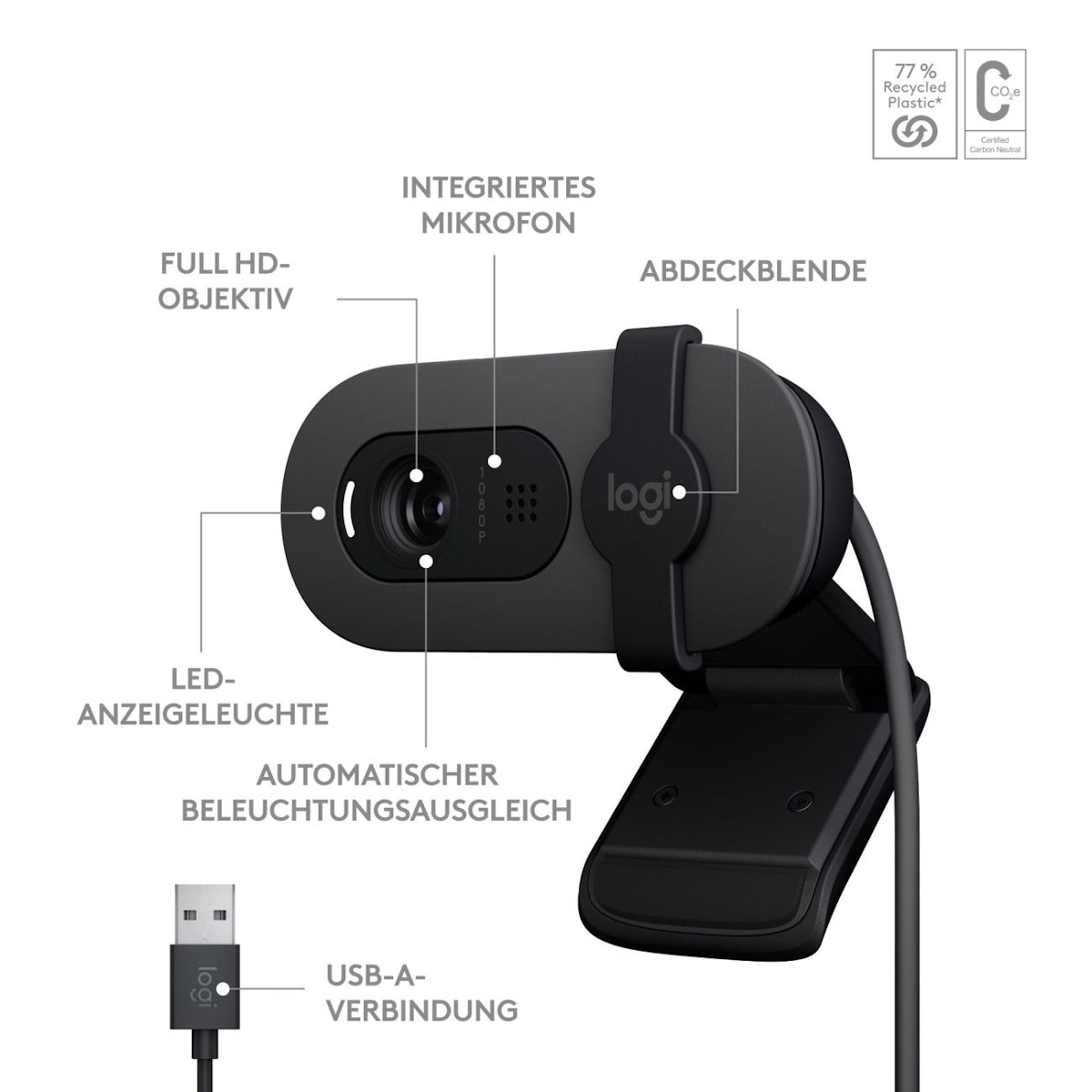 Graphic showing Logitech BRIO 100 resolution: Full HD 1080p or HD 720p.