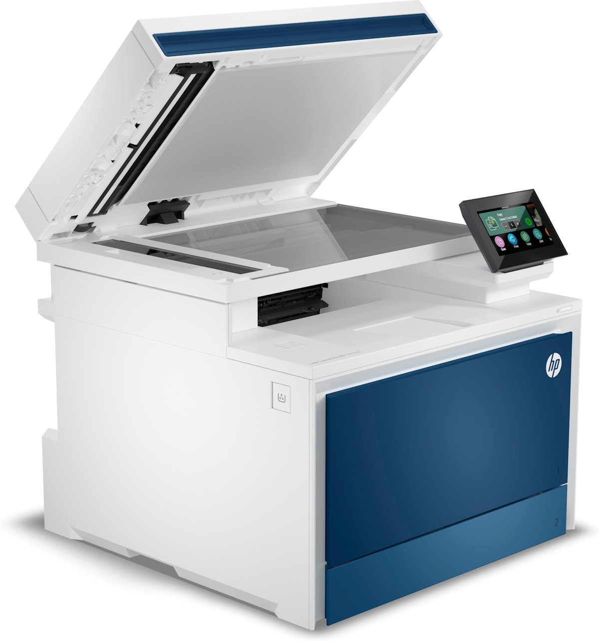 HP Color LaserJet Pro MFP 4302 in Schrägansicht mit geöffnetem 50-Blatt-Automatischem Dokumenteneinzug (ADF) für Duplex-Scan und Duplex-Kopie