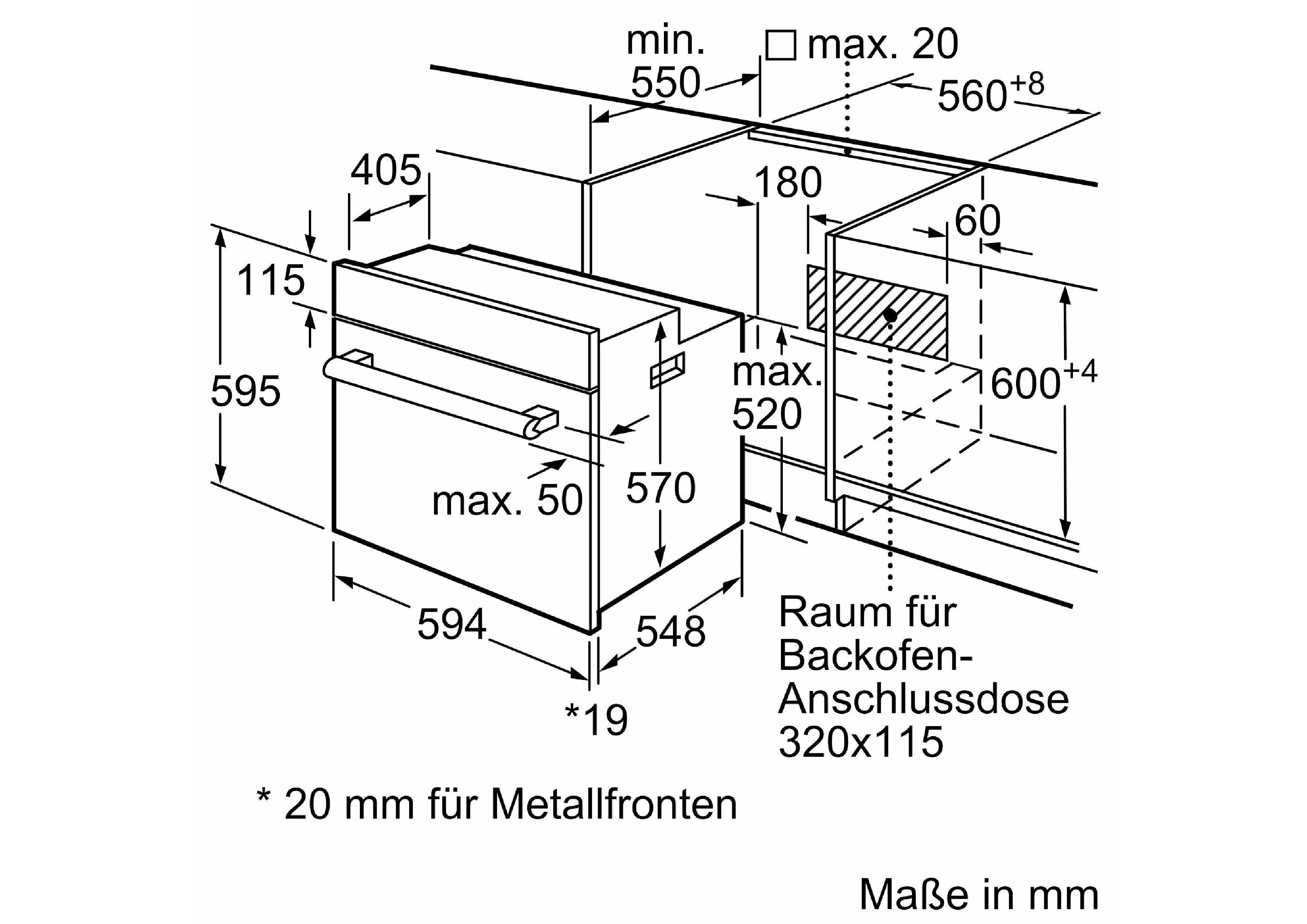 Technische Installationszeichnung in 3D für den Unterbau des Bosch Backofens unter einer Arbeitsplatte, inklusive Nischenmaßen, Belüftungsfreiräumen und der Position für die Anschlussdose.