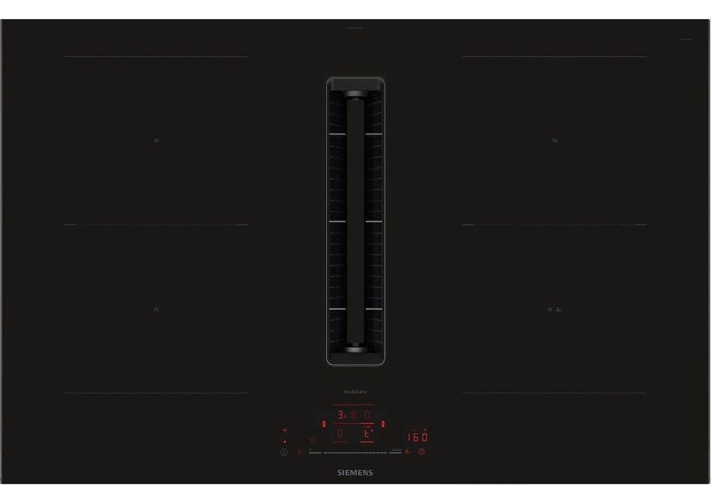 Top view of the black Siemens studioLine induction hob with a central extractor and active red digital display.
