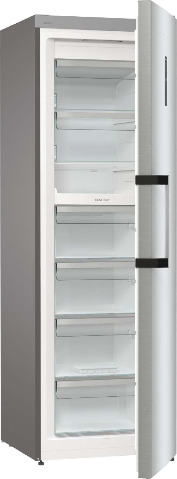 Open Gorenje freezer showing empty transparent freezer drawers and the EasyTray compartment.