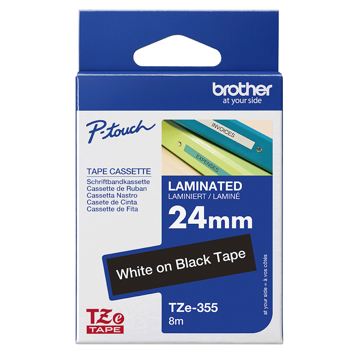 Technische Spezifikationen des Brother TZe-355 Schriftbands: 24 mm Breite, 8 m Länge, kompatibel mit PT-7600, PT-2430PC, PT-2700, PT-2730, PT-9600, PT-9700PC, PT-9800PCN