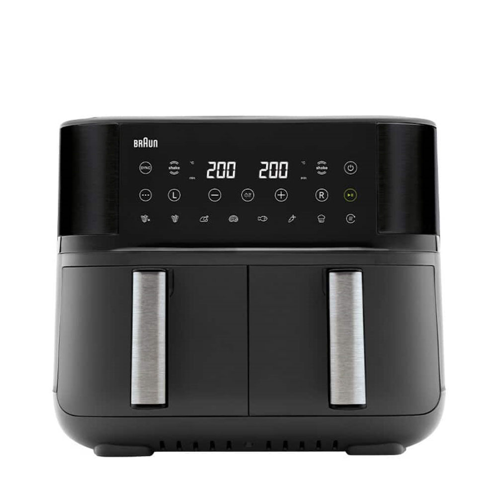 Braun TwinCook 3 Heißluftfritteuse in Schwarz mit zwei 4-Liter-Garkammern und digitalem Touch-Display.