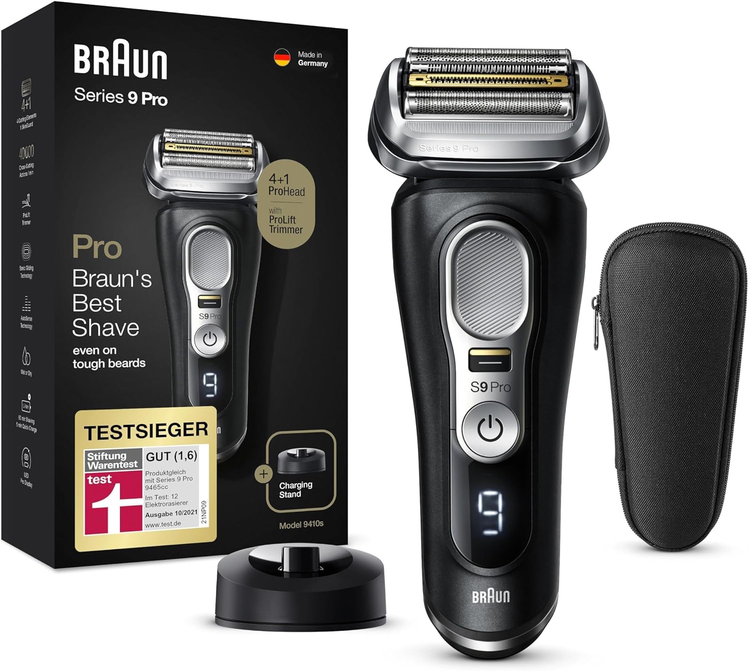 Braun Series 9 Pro 9410s wet and dry shaver with charging station and travel case, black
