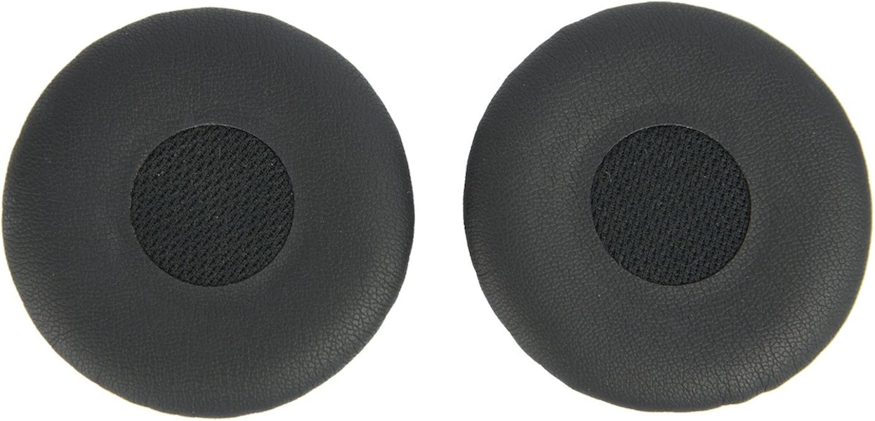 Detailed view of the soft leatherette surface of the Jabra Evolve replacement ear pads in black.