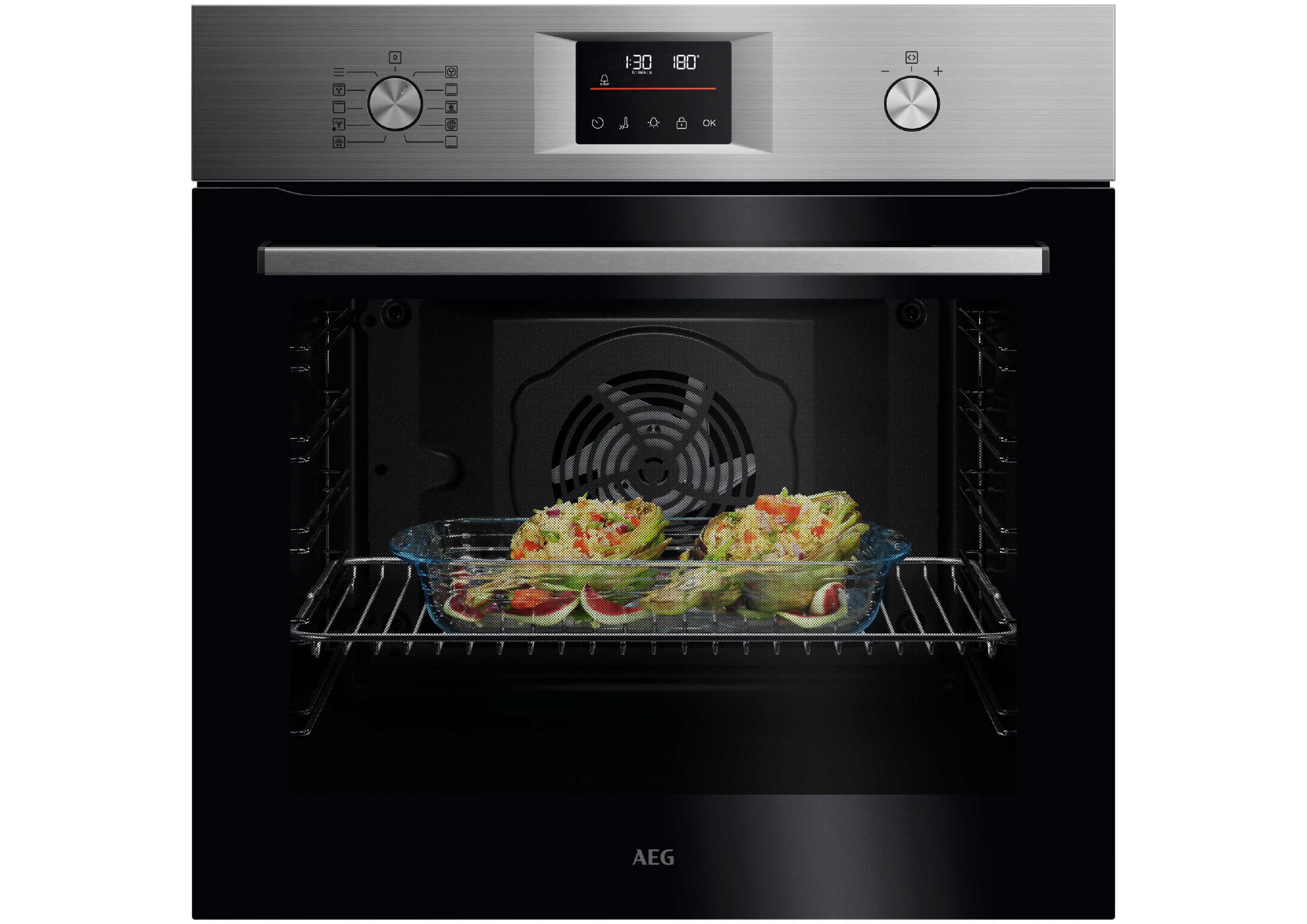 Front view of AEG built-in oven with gratinated vegetables in a glass dish