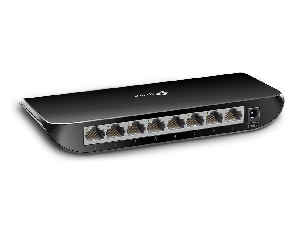 Seitliche Rückansicht des TP-Link TLSG1008D Ethernet Switch mit Anschlüssen, matt-schwarzes Gehäuse