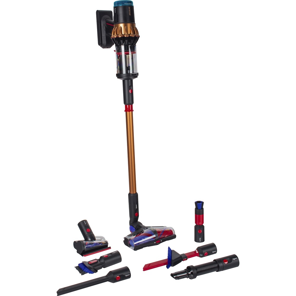 Produktübersicht des Dyson Piston Animal Spezial Akku-Staubsaugers in Schwarz und Kupfer mit umfangreichem Zubehörset, einschließlich motorisierter Bodendüse und verschiedenen Spezialaufsätzen.