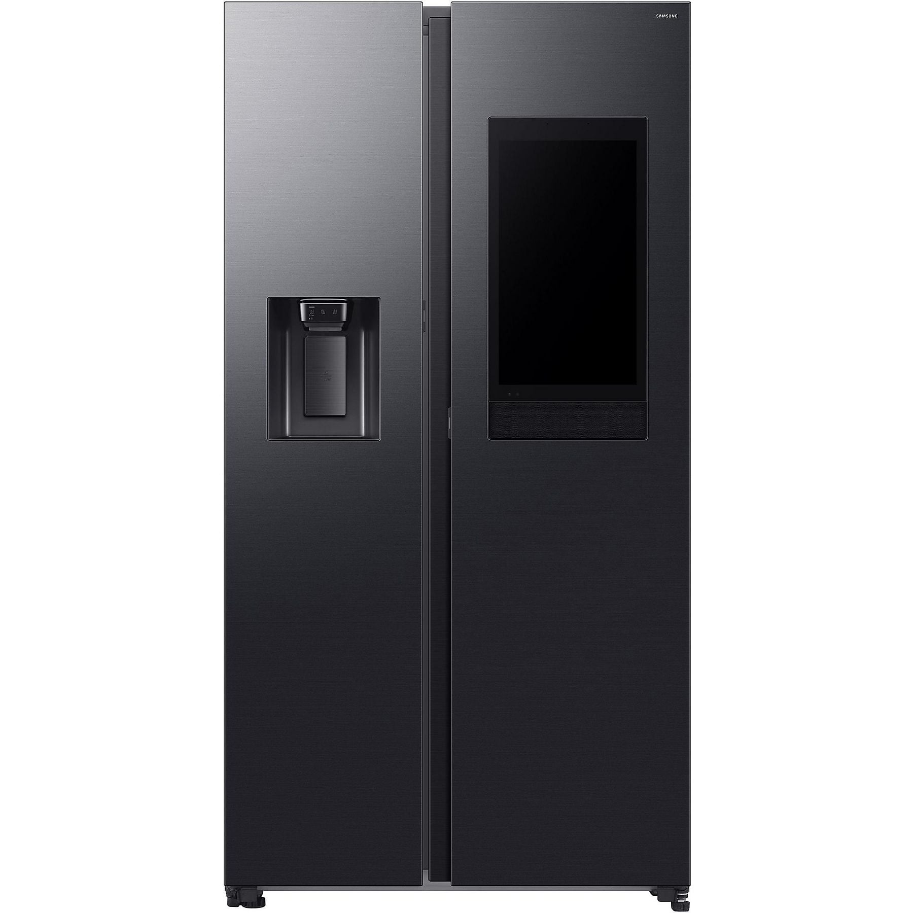 Frontal view of the Samsung Side-by-Side refrigerator with a dark display and integrated water dispenser.