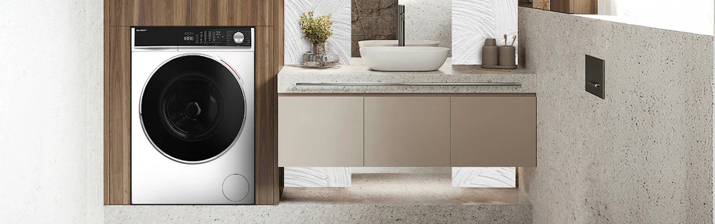 Sharp ES-NFH914CADA-DE washing machine in modern kitchen environment banner