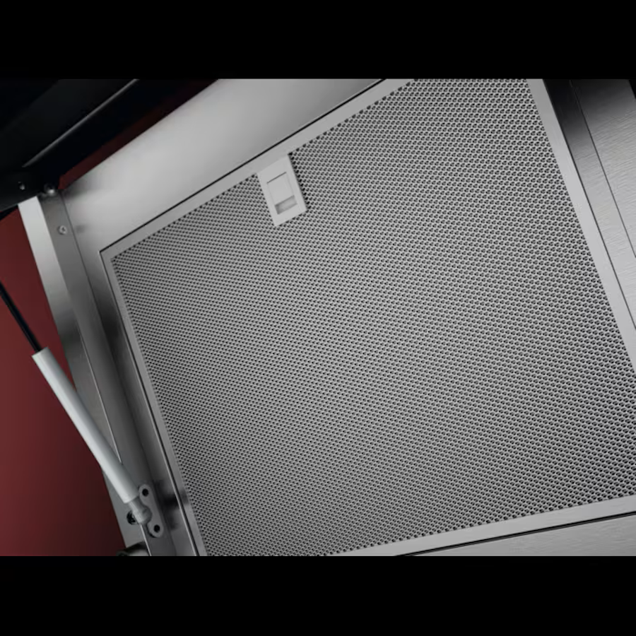 Schrägansicht der Dunstabzugshaube im 45-Grad-Winkel zeigt das flache Kopffrei-Design.