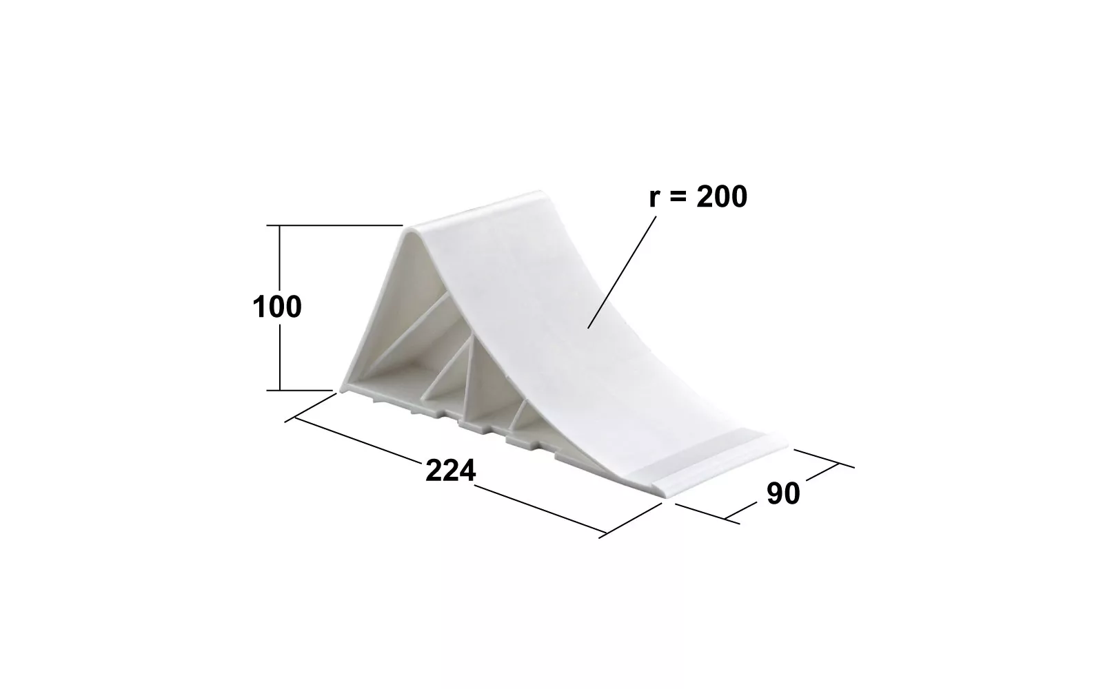 Technische Maße des Tripus Unterlegkeils – Höhen- und Breitenangaben Maßskizze des Tripus Unterlegkeils in Weiss mit Höhen-, Breiten- und Tiefenangaben