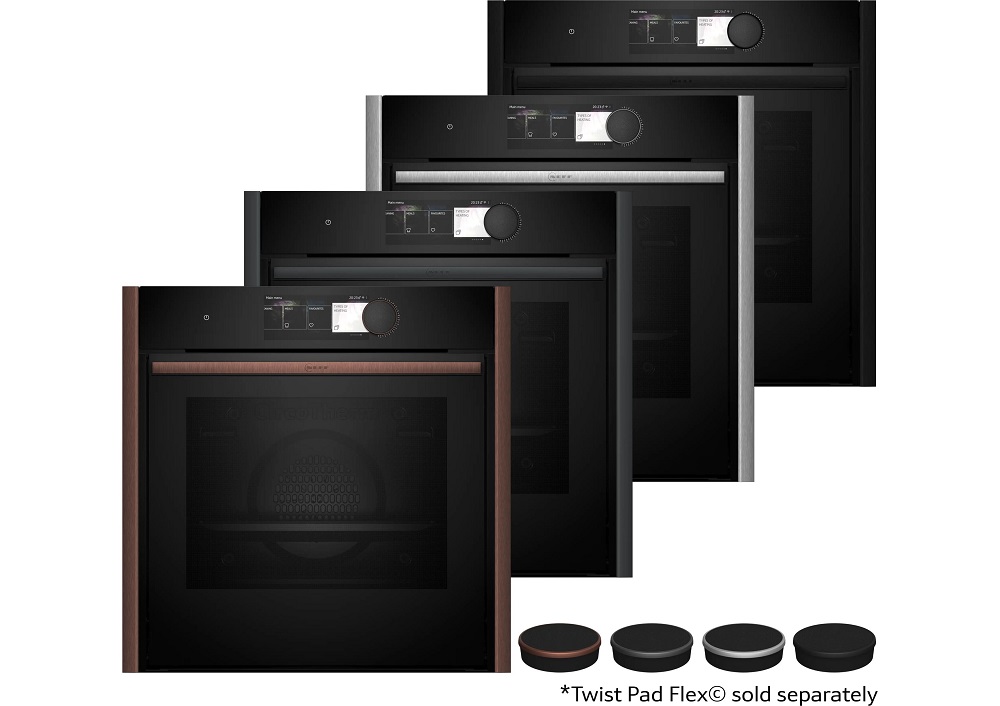 Vier gestaffelte schwarze NEFF Einbaubacköfen mit unterschiedlichen Designleisten und vier Twist Pad Flex® Bedienknöpfen.
