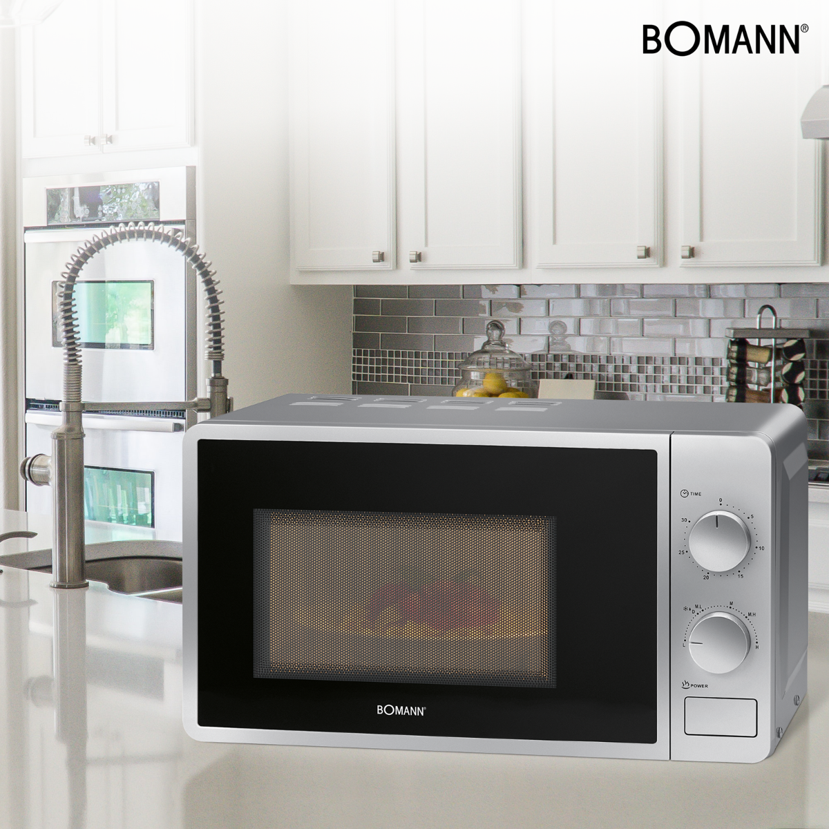 Bomann MW 6014 CB Microwave 20 Liters | 700 Watt Power | With Glass Turntable (Ø 24.5 cm) | 6 Power Levels | White & Silver