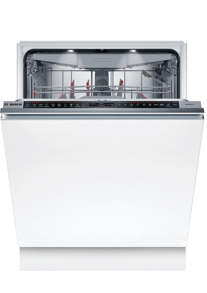 Front view of the fully integrated Bosch SMD8TCX04E dishwasher with a slightly open door, revealing the top-mounted TFT touch control panel with illuminated program symbols and the lit stainless steel interior.