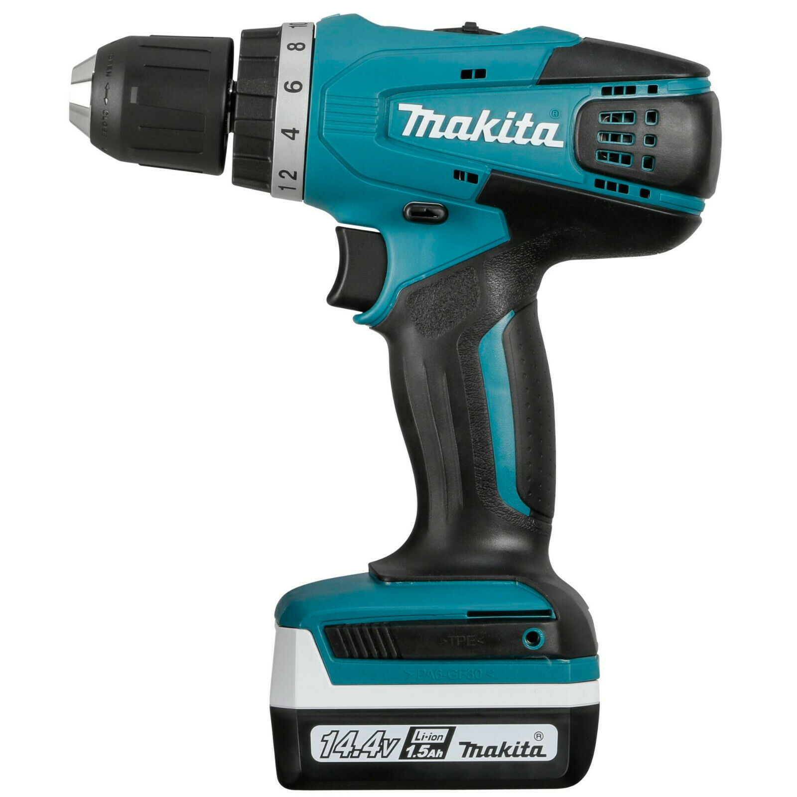 Makita DF347DWLX1 – seitliche Ansicht Akkubohrschrauber. Makita DF347DWLX1 Akkubohrschrauber, seitliche Ansicht, ergonomischer Griff und Bohrkopf sichtbar.