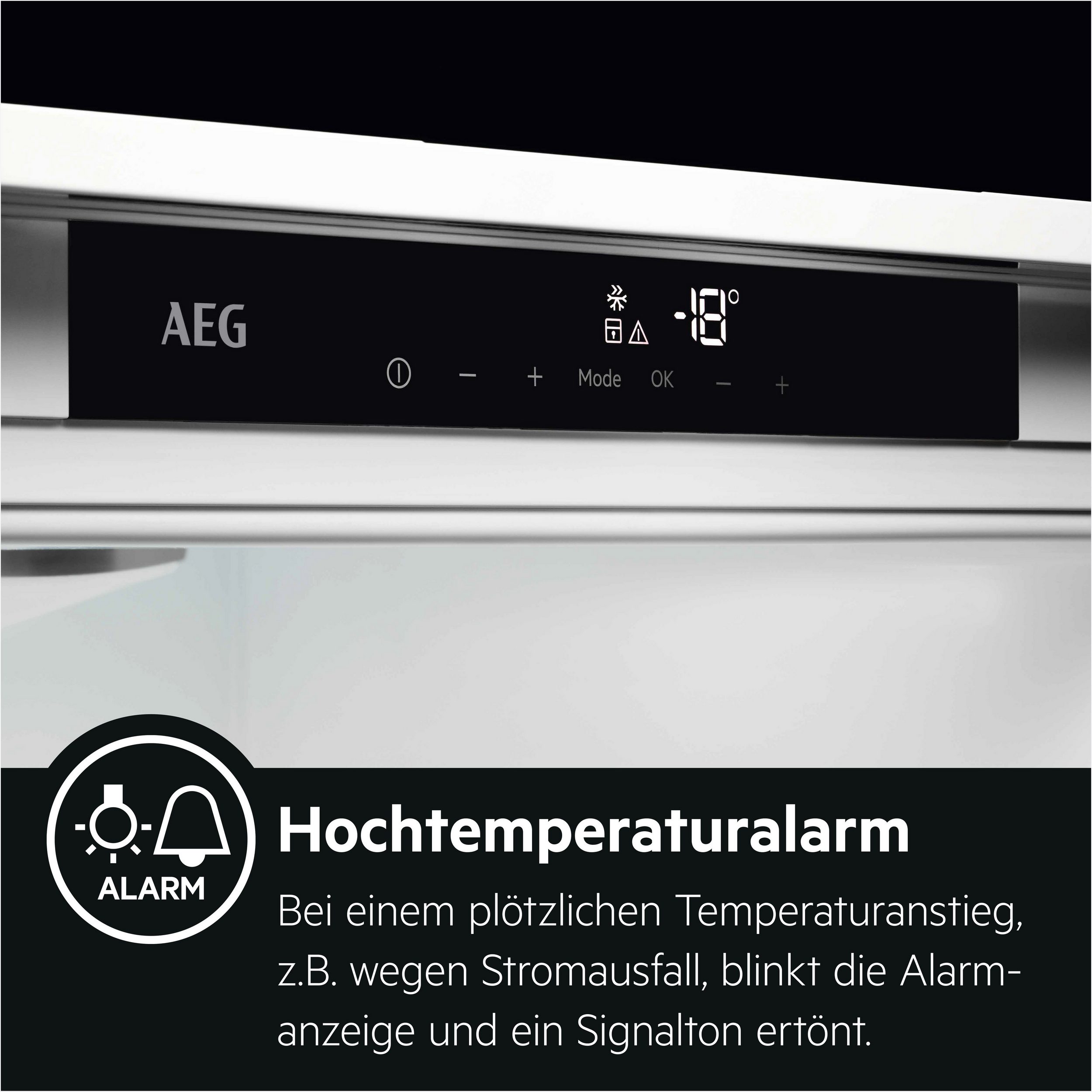 AEG temperature display showing minus 18 degrees with a high-temperature alarm notification.