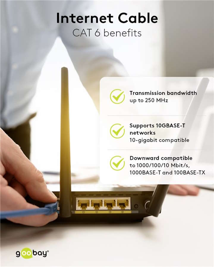 The black CAT 6 LAN cable being connected to a network switch or router.