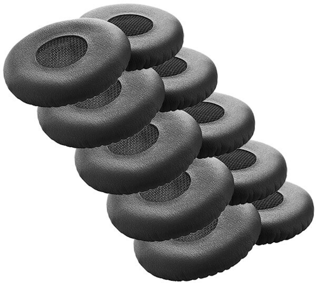 Jabra Evolve replacement leatherette ear cushions 10-pack for Evolve 20, 30, 40, and 65 headsets.