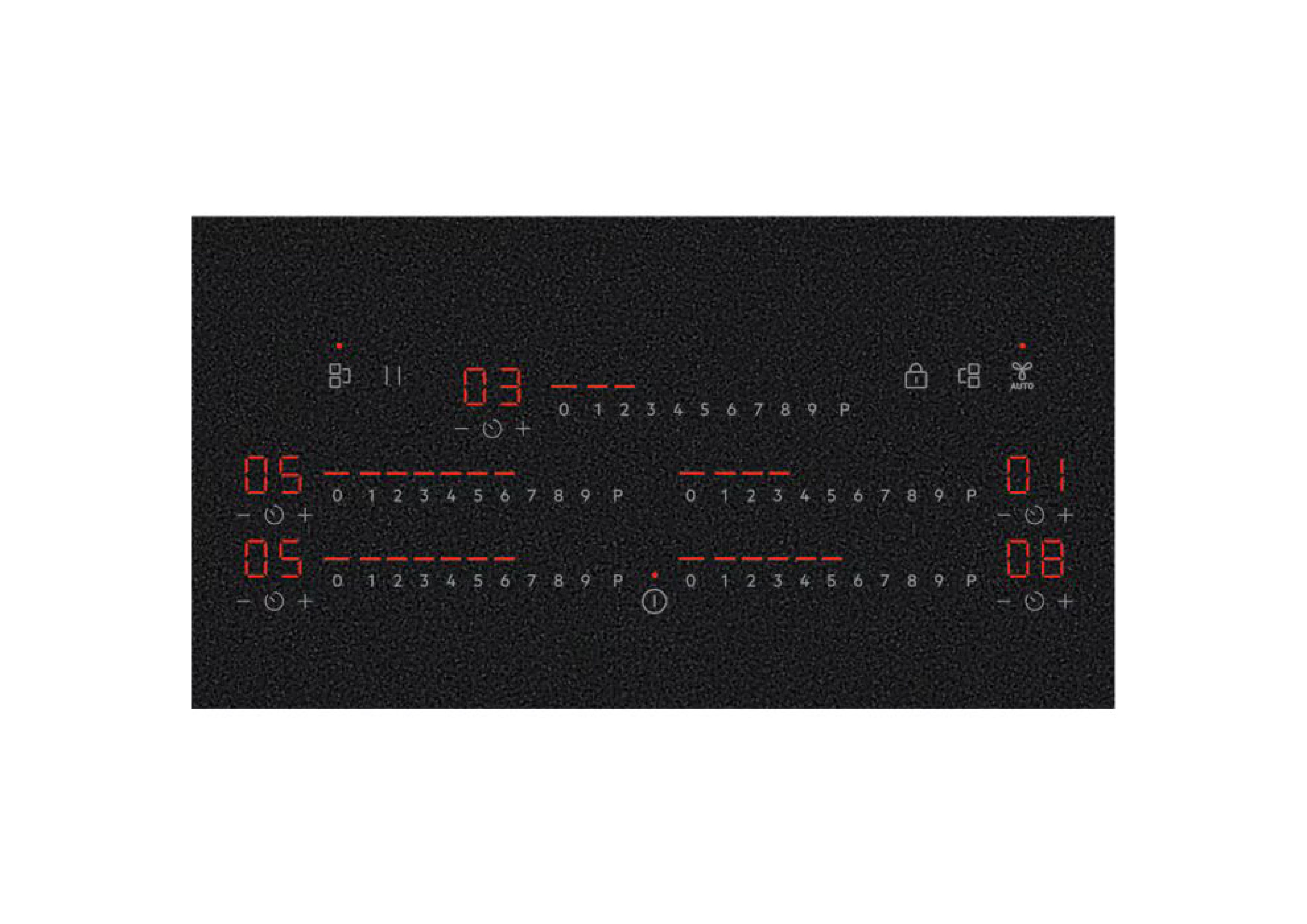 Close-up of the illuminated red LED control panel on an AEG SaphirMatt hob with power indicators and symbols.