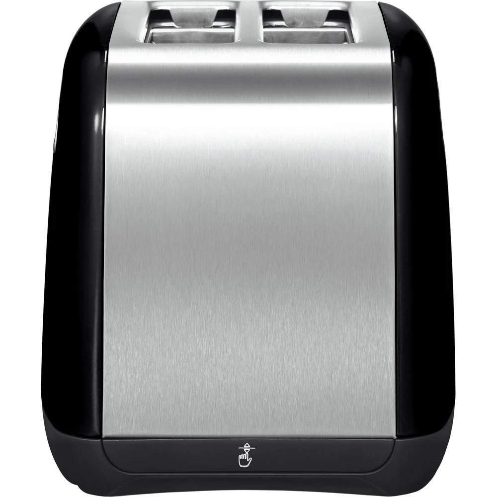 Rückansicht des KitchenAid Toasters 5KMT221EOB, zeigt die Kabelaufwicklung und die robuste Metallkonstruktion.