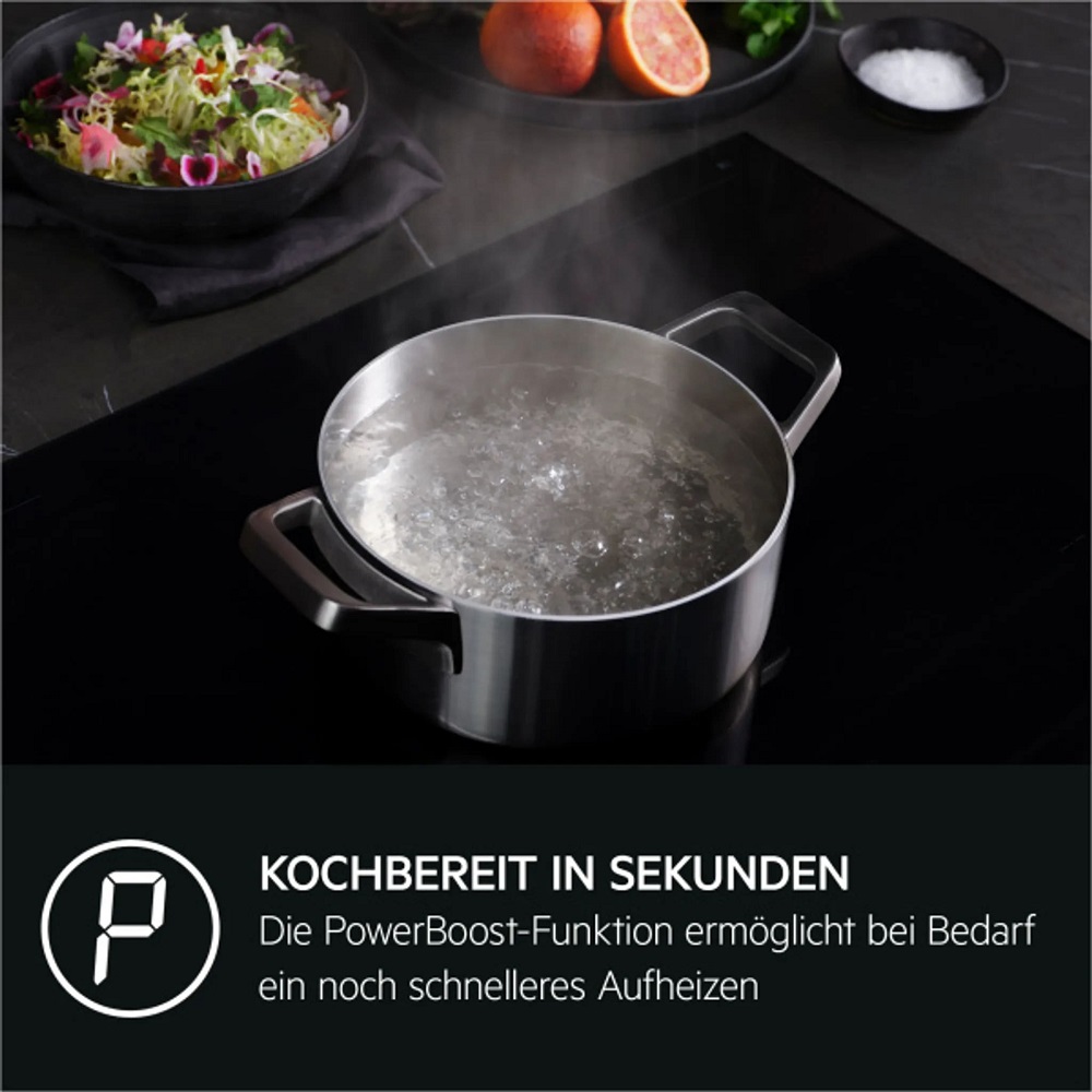 AEG IKE84445IB Induktionskochfeld mit hervorgehobener PowerBoost-Funktion einer Kochzone.