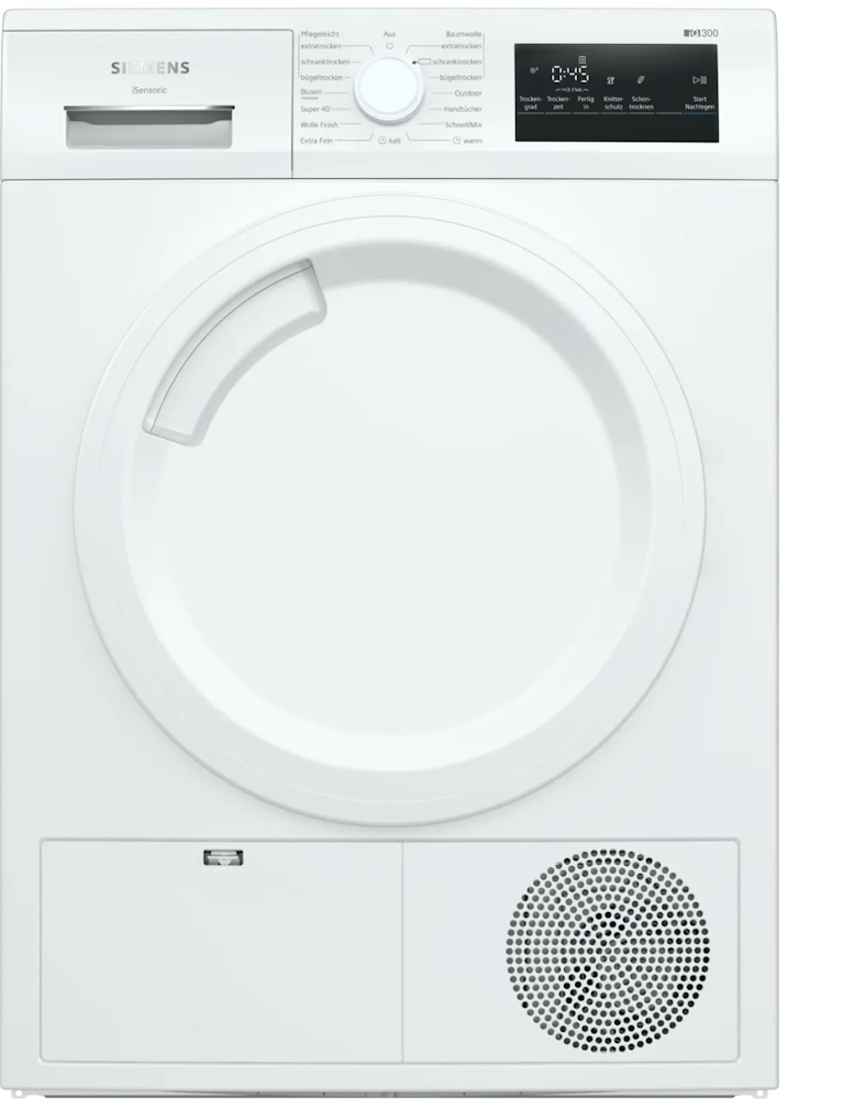 Siemens iQ300 heat pump dryer WT43HV04 in white, front view with closed door.