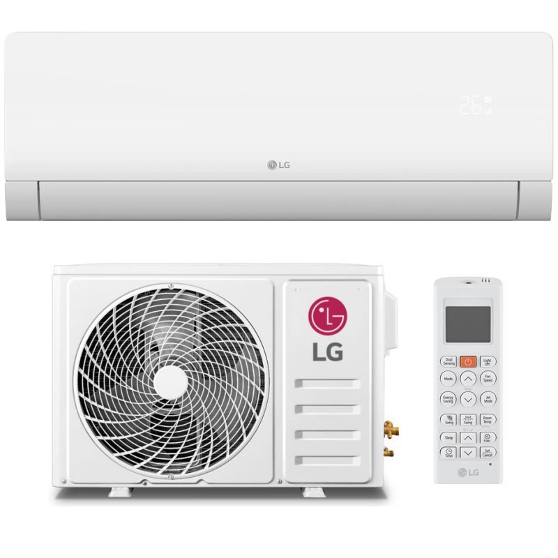 LG Dualcool WZ12AWN white indoor unit (913 × 309 × 204 mm) for wall mounting, front view