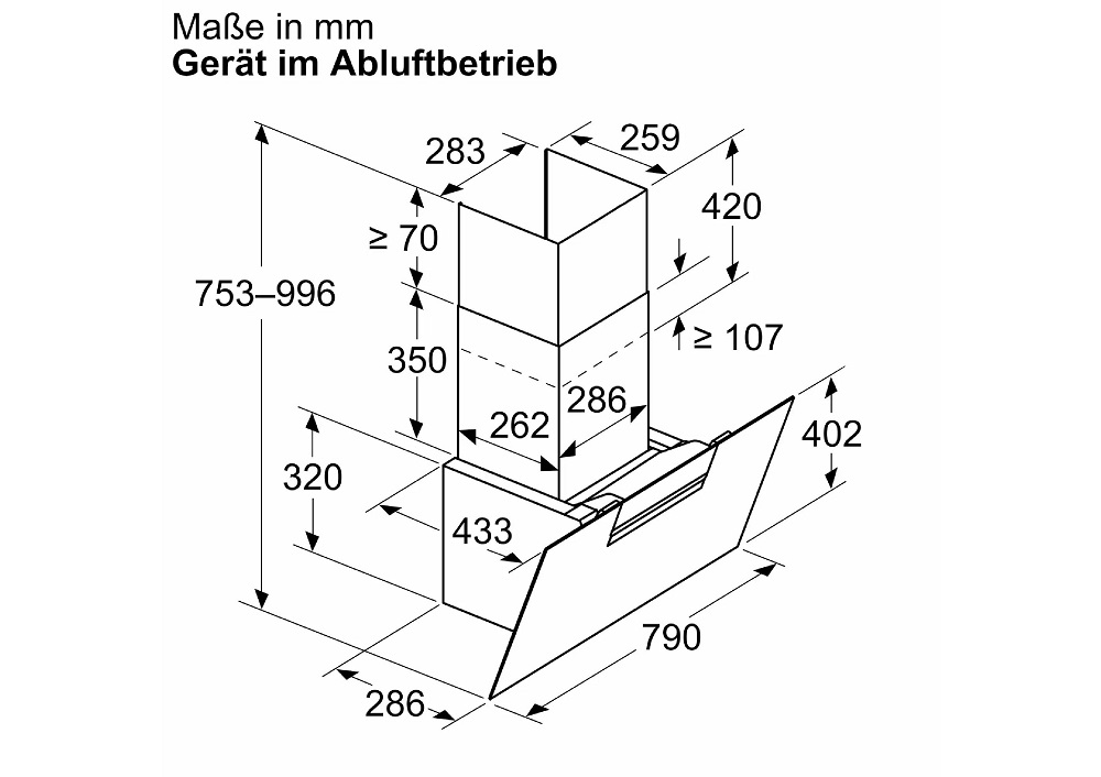 Technical dimension drawing of the Bosch DWK87FN60 cooker hood for ducted extraction mode, showing device and chimney measurements in millimeters, including a variable total height of 753 to 996 mm.