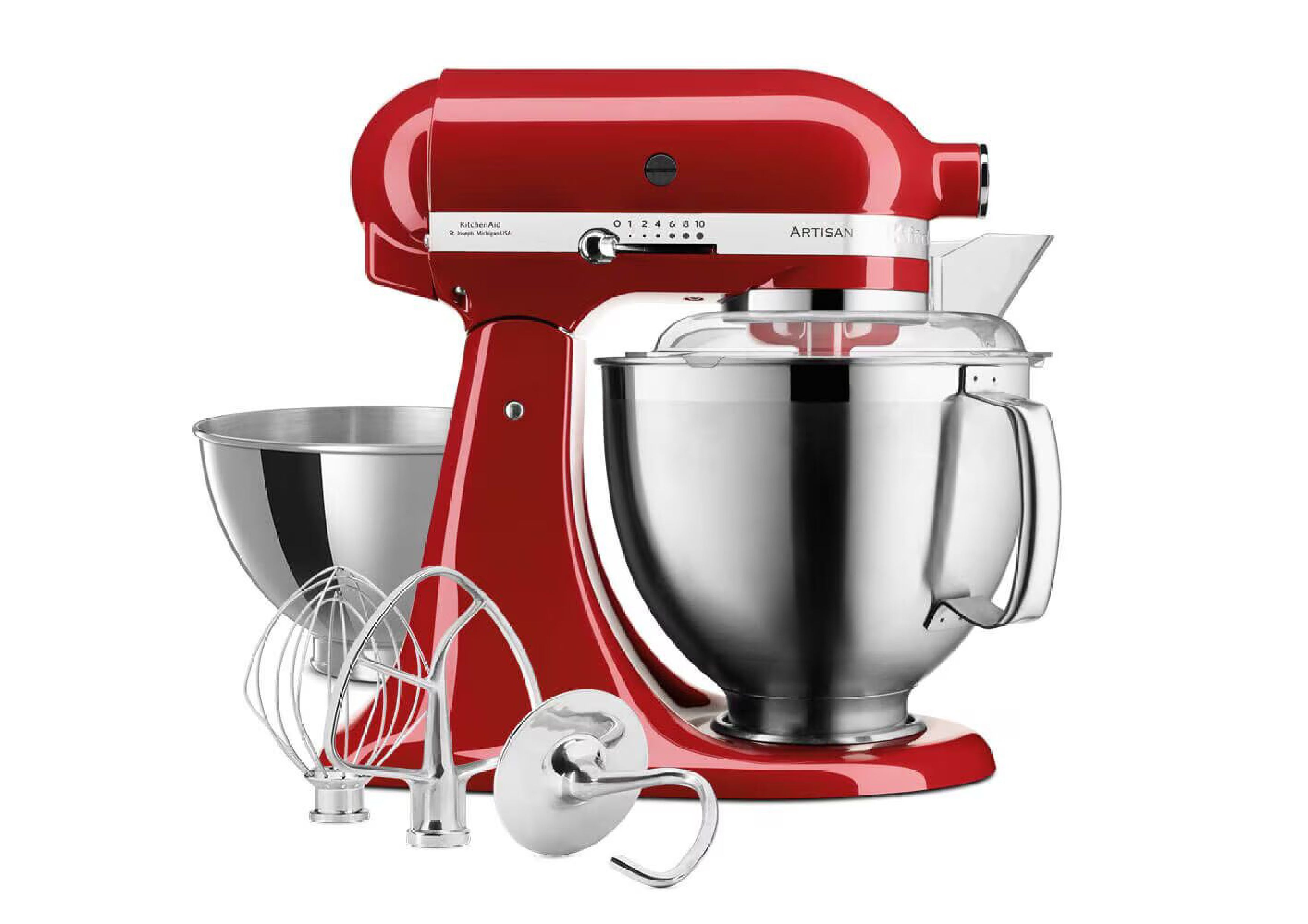 Red KitchenAid Artisan stand mixer with stainless steel bowls, whisk, dough hook, and flat beater.