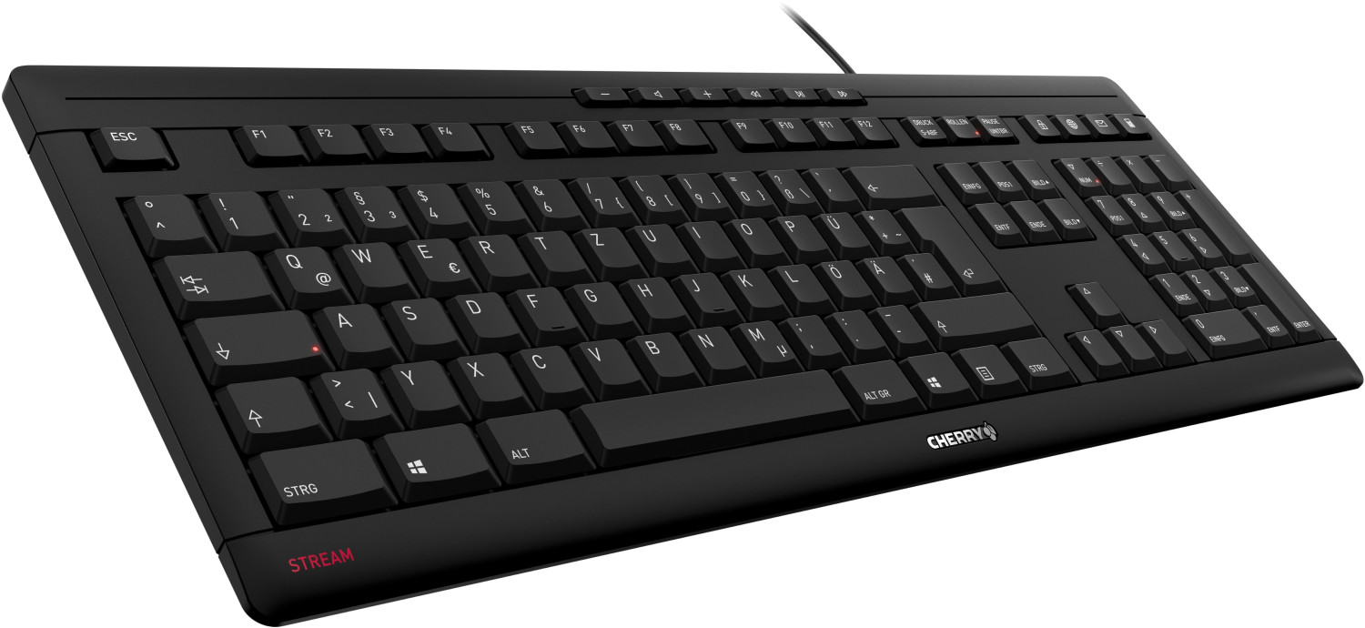 Cherry STREAM US-Black – Seitenansicht der Tastatur. Cherry STREAM Tastatur in Schwarz, US-Layout – seitliche Ansicht mit flachem Profil.