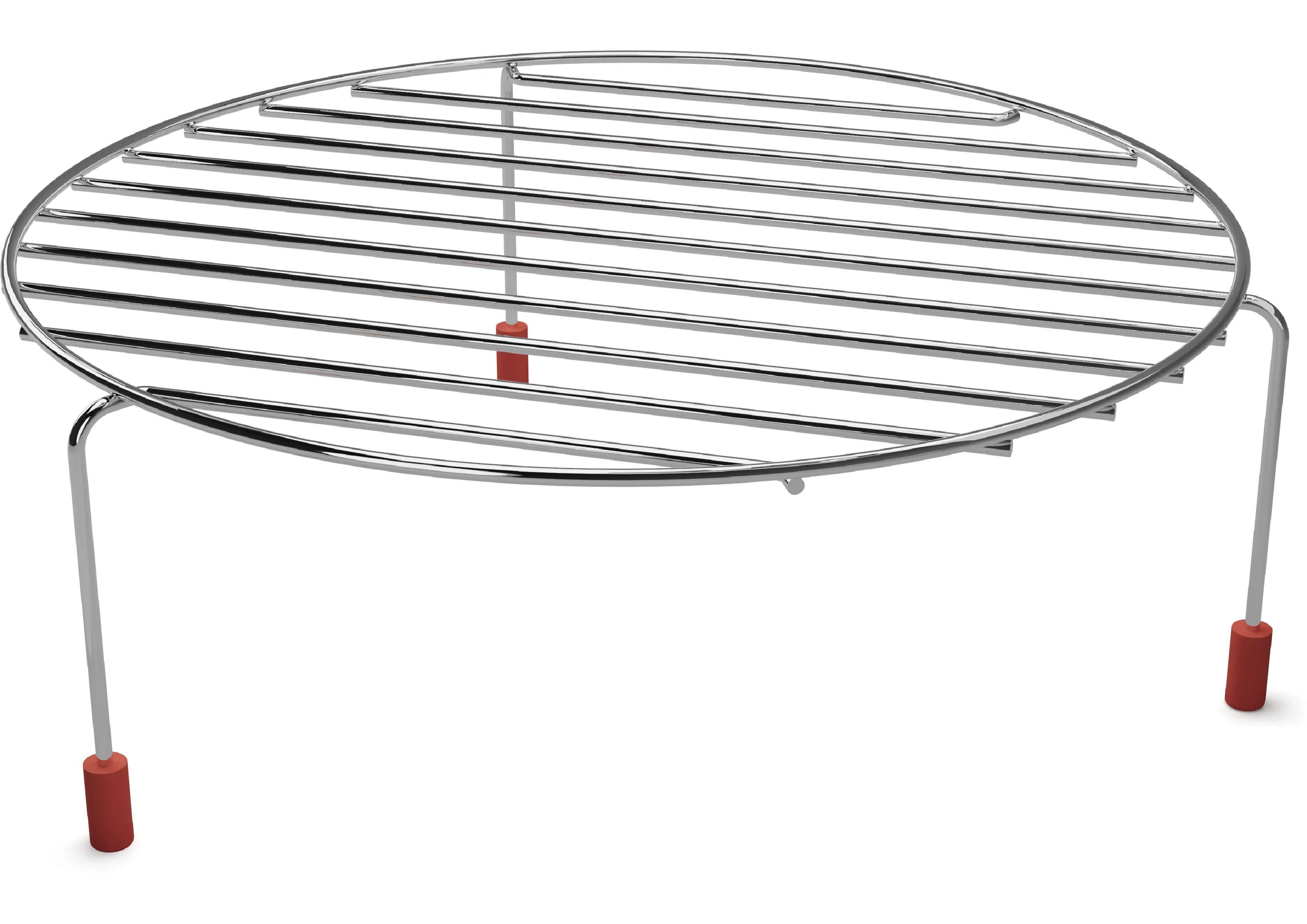 Round chrome microwave grill rack with red feet on white background.