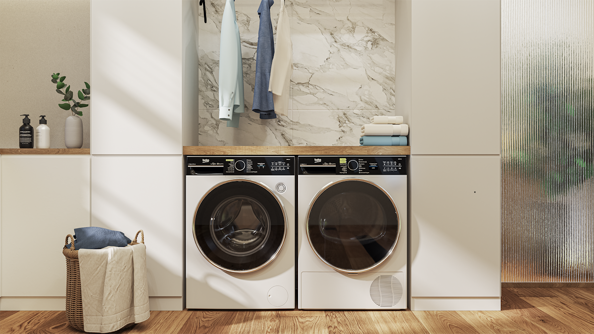 Beko BM3T38220X Heat Pump Tumble Dryer in laundry room