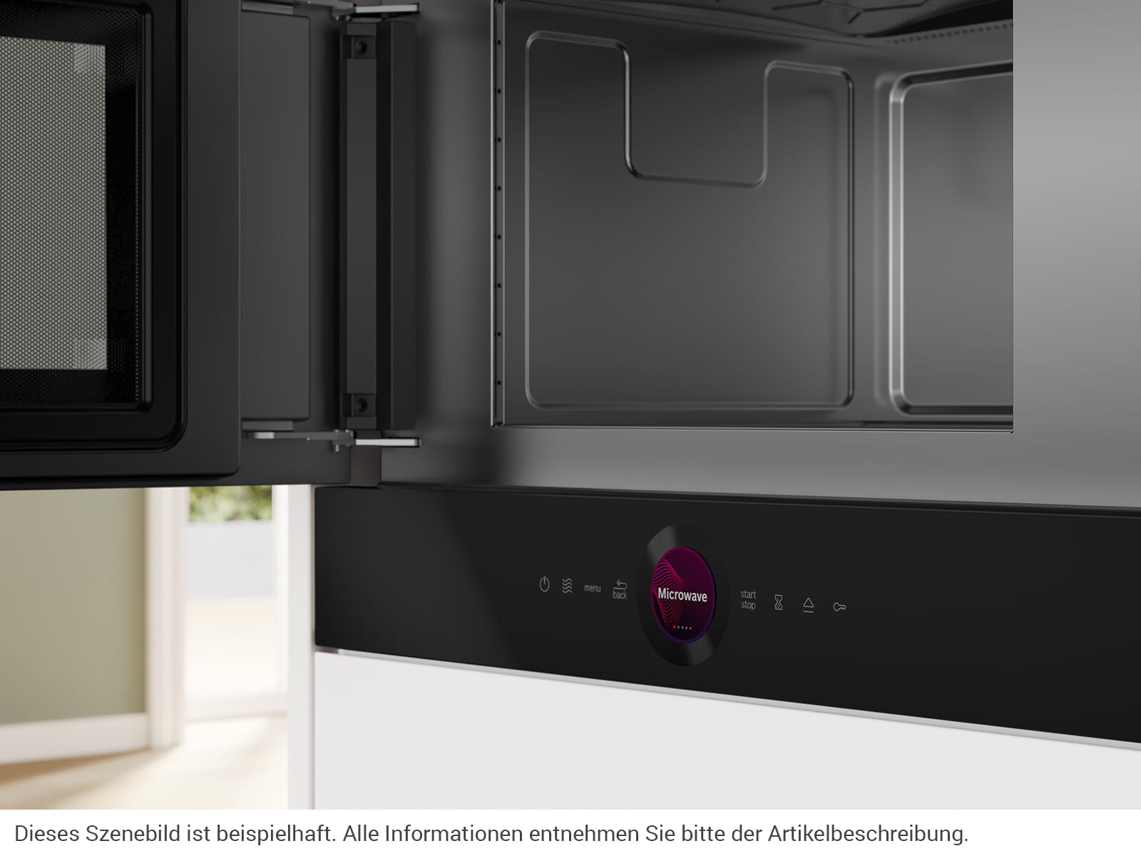 Nahaufnahme des schwarzen Displays mit leuchtendem "Microwave"-Schriftzug und Touch-Symbolen.