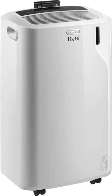 White De'Longhi Pinguino PAC EM82 portable air conditioner, front view on castors.