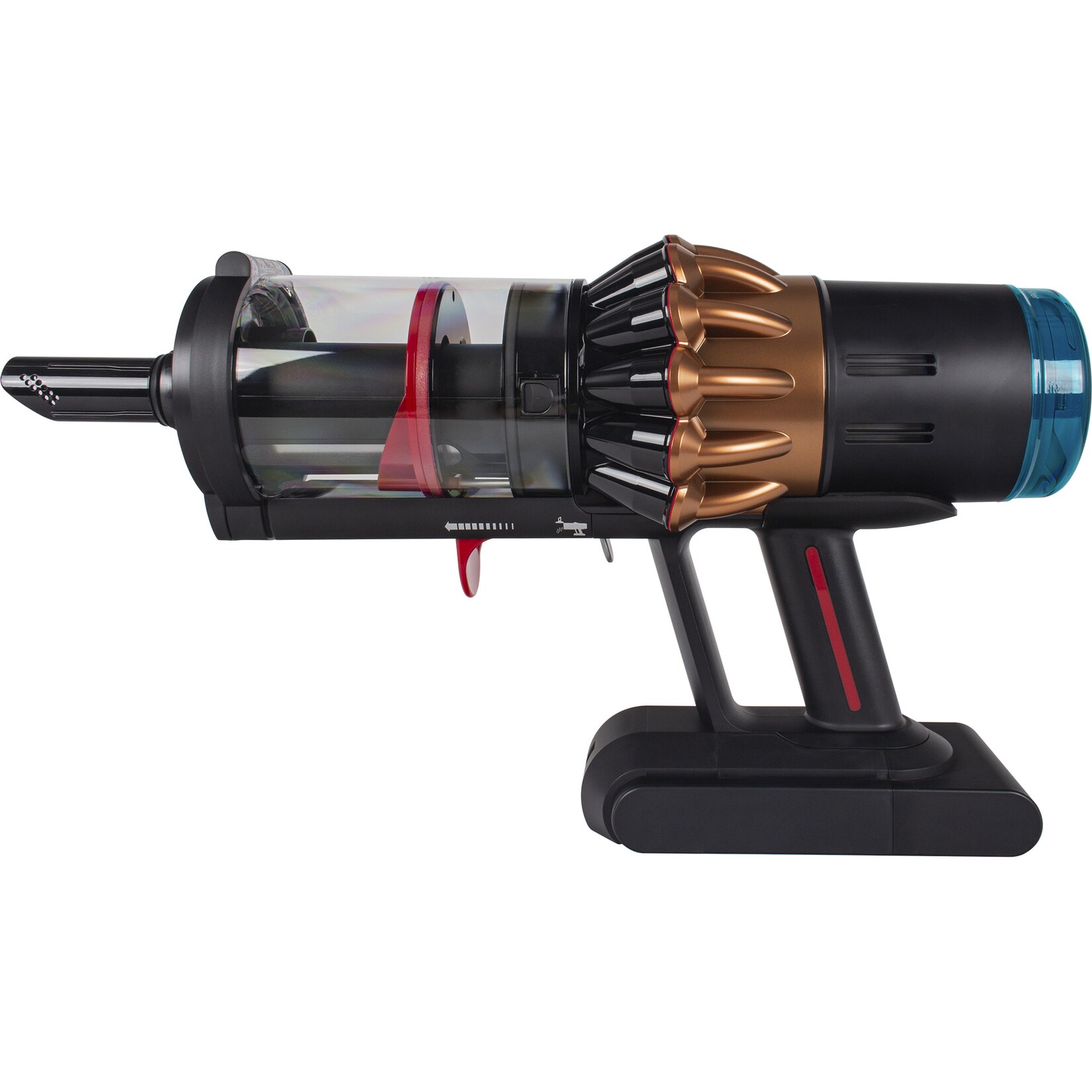 Seitenansicht des Dyson Piston Animal Spezial Handstücks in der Farbe Kupfer/Schwarz mit transparentem Staubbehälter und rotem Entleerungshebel.