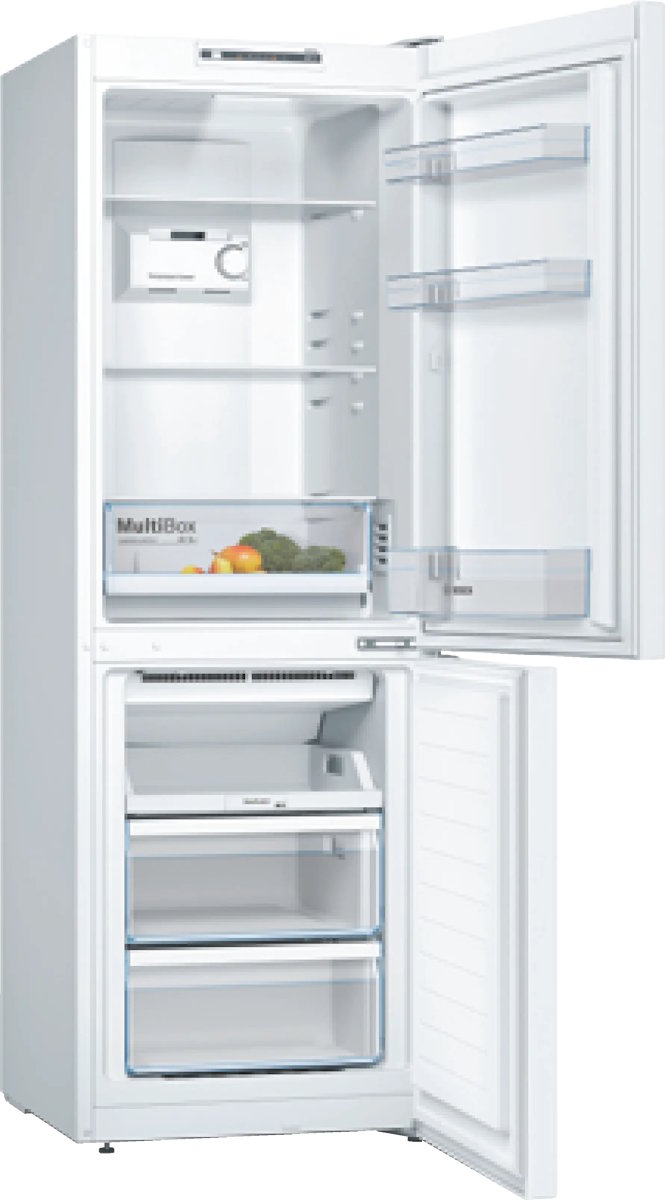 Bosch KGN33NWEB open fridge compartment: 193-litre cooling area with adjustable glass shelves, three door balconies and LED interior lighting