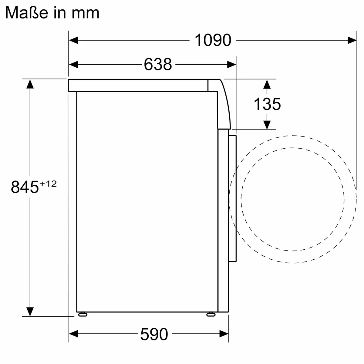 Technische Zeichnung mit Geräte-Abmessungen der Siemens WG56B2A41 (Höhe x Breite x Tiefe)