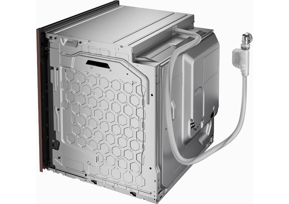 Technische Rückansicht des NEFF Einbaubackofens mit Anschlusskabel, Wasserschlauch und Belüftungslamellen.