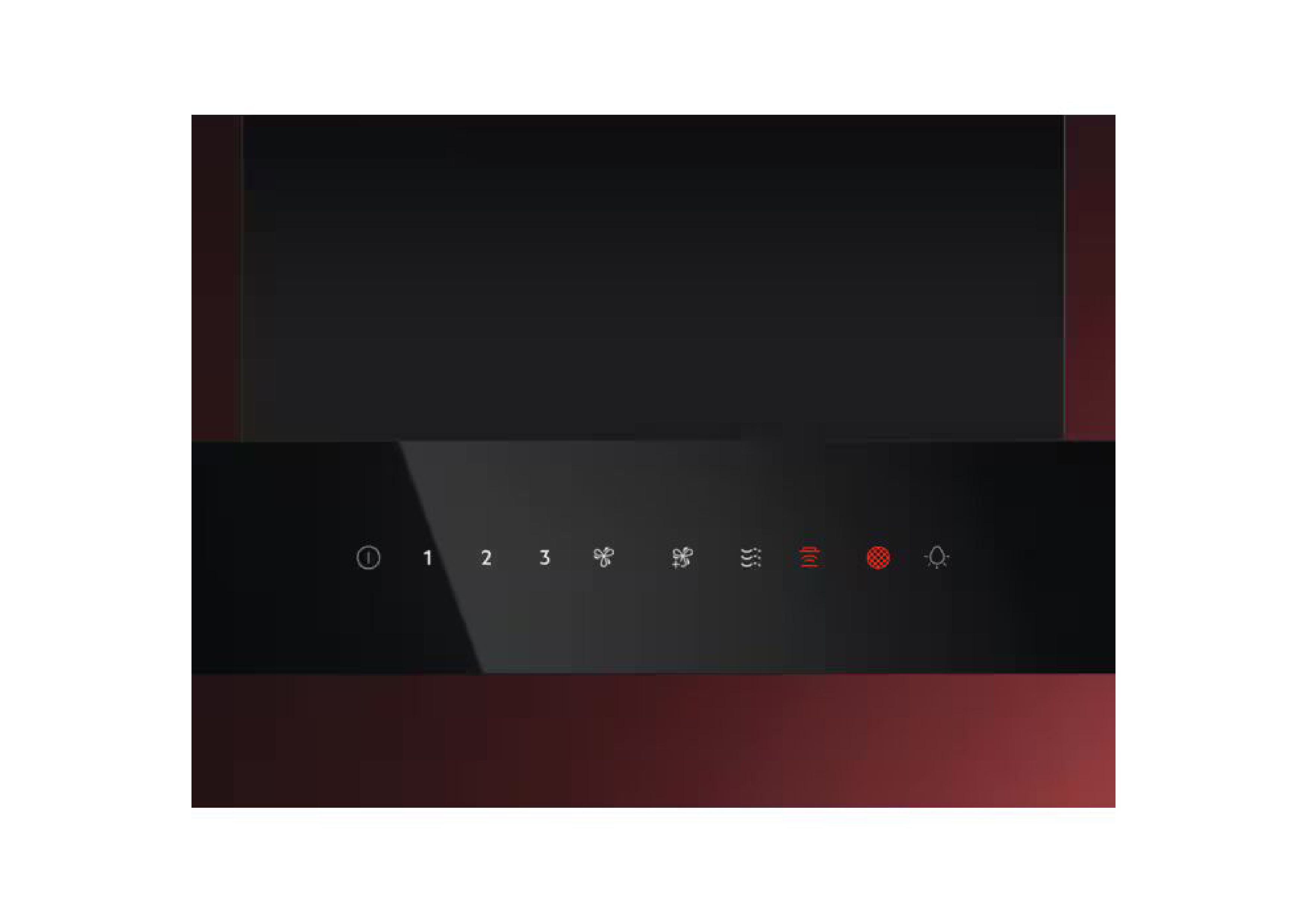 Nahaufnahme der schwarzen Touch-Bedienleiste der AEG Dunstabzugshaube mit roten LED-Symbolen.