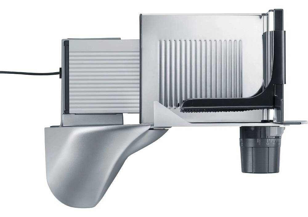 Vertikale Draufsicht auf den Graef SKS 500 Allesschneider zur Darstellung der kompakten Bauweise und des Einstellreglers für die Schnittstärke.