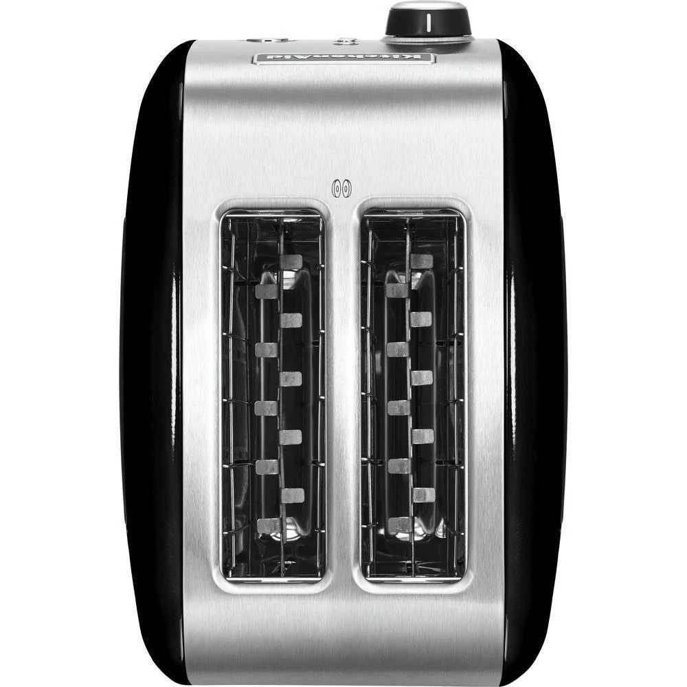 Ansicht des KitchenAid Toasters 5KMT221EOB von oben, zeigt zwei extra breite Schlitze und den Chrom-Drehregler.