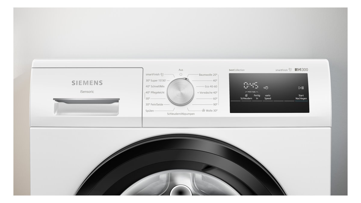 Detailansicht des Bedienfelds der Siemens WM14N0G4 Waschmaschine mit LED-Display und Auswahlrad.
