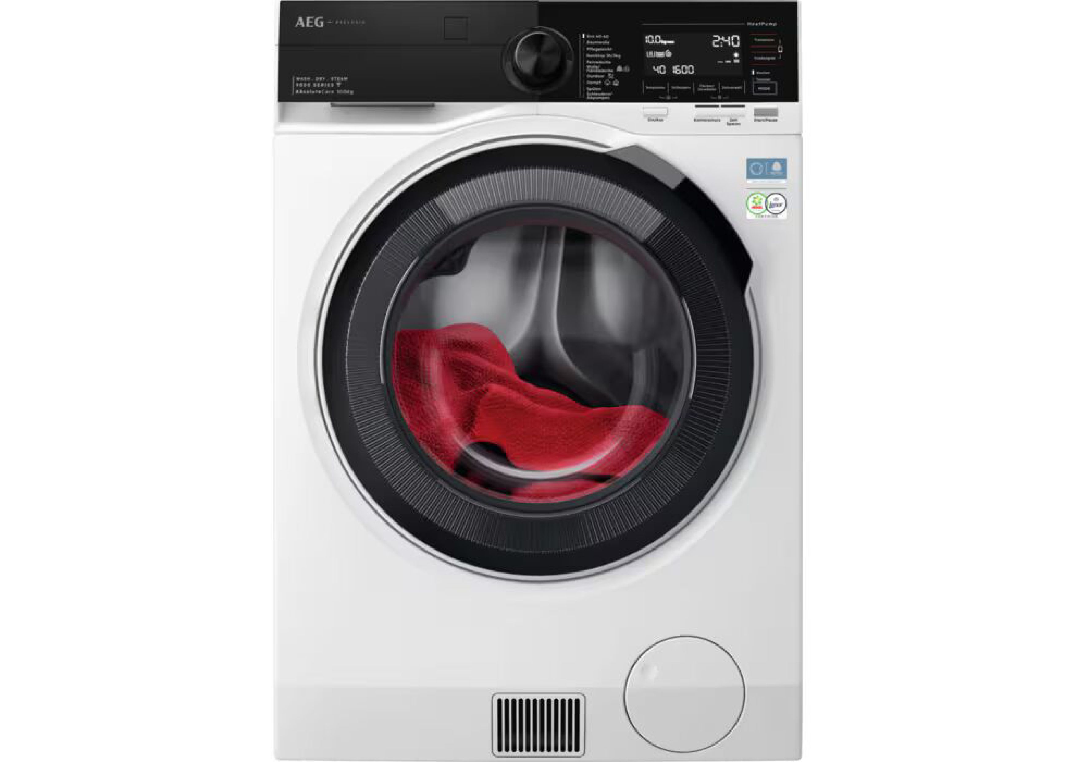 Frontansicht des AEG Serie 9000 Waschtrockners mit HeatPump-Technologie und schwarzer Blende