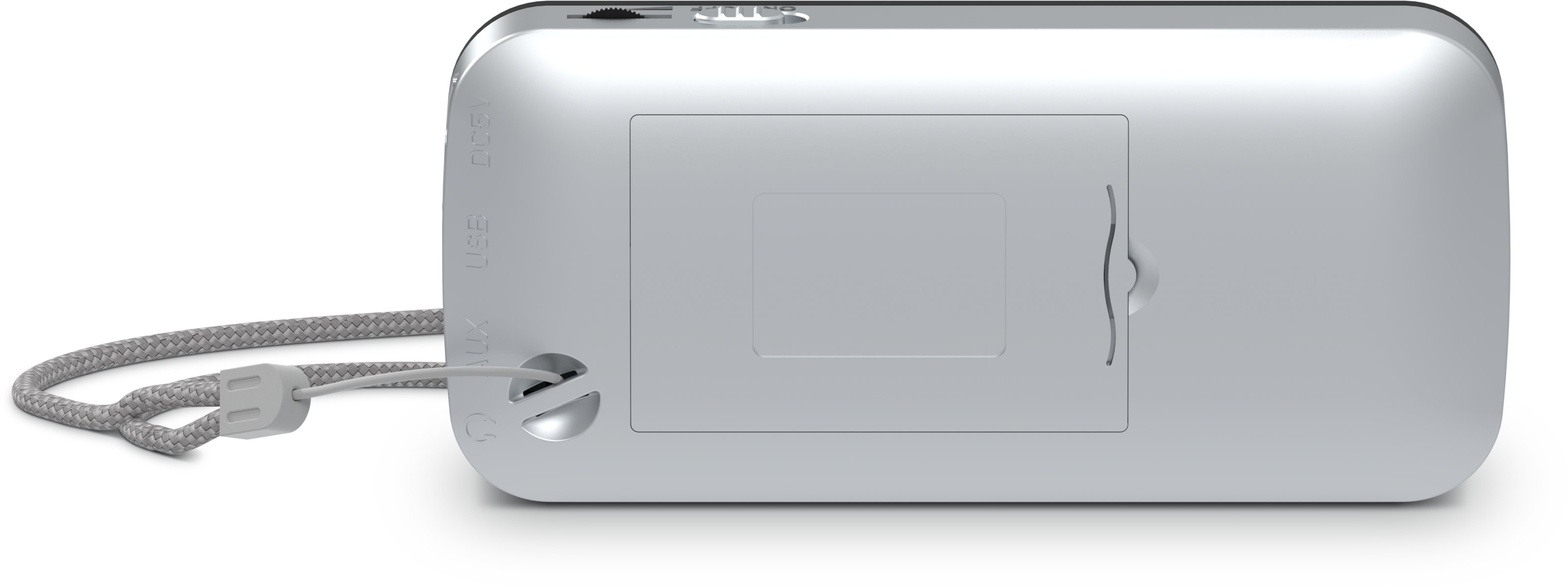 Rückansicht des TechniSat RDR Digitalradios in Silber mit geschlossenem Batteriefach.