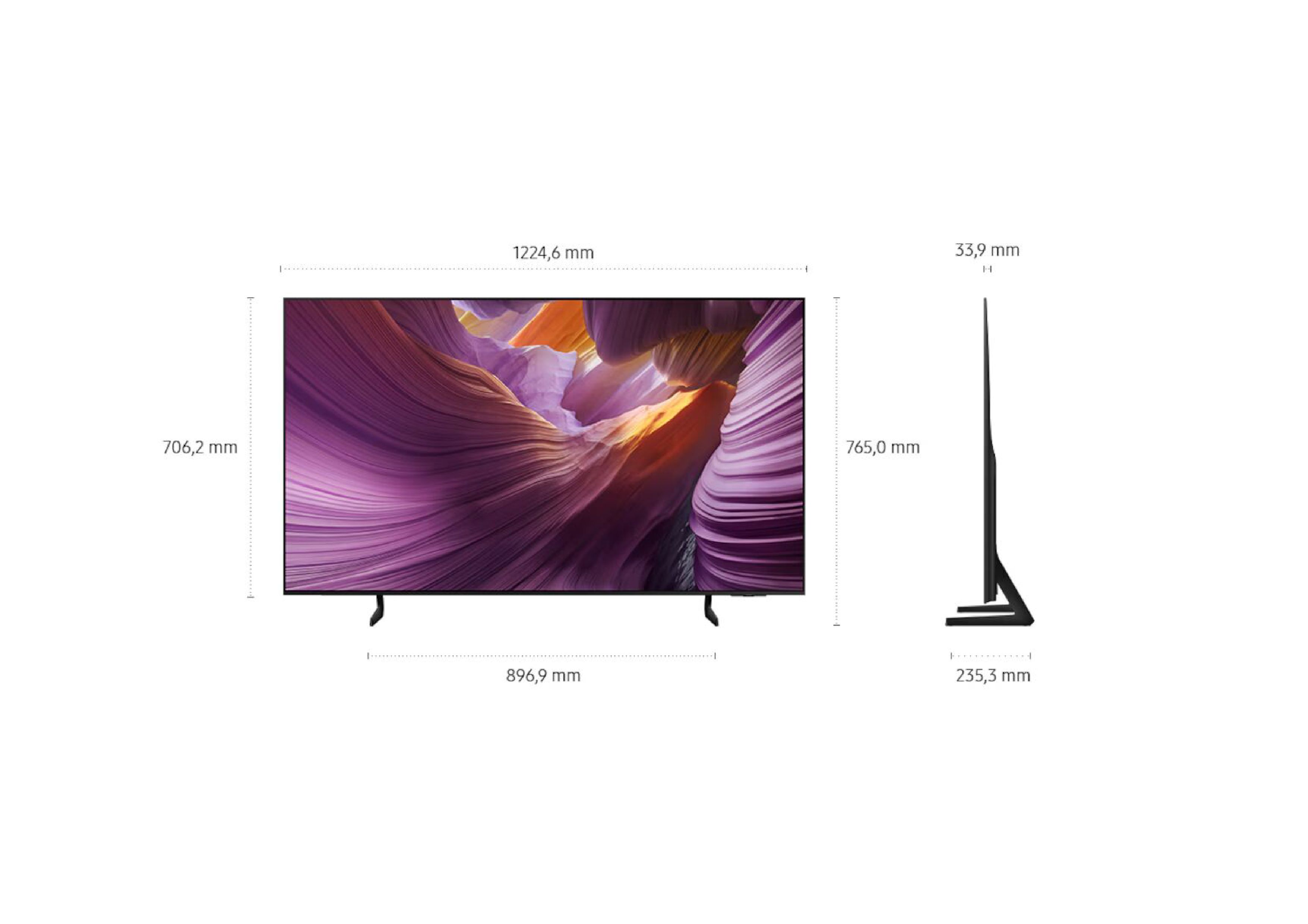 Technical drawing of the TV showing precise dimensions for width, height, and depth.